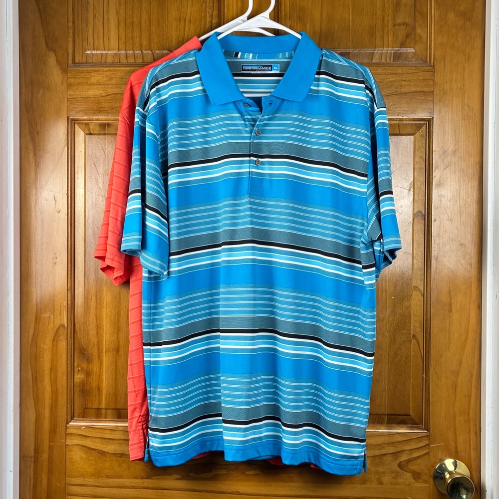 Roundtree & Yorke Performance Polo Shirt Lot 2 XL Mens Orange Blue Striped Golf